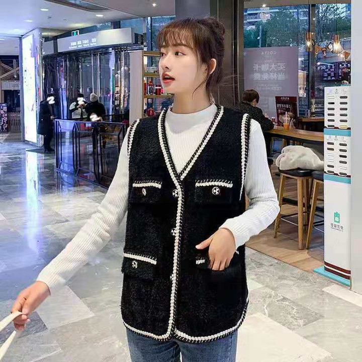 Mink Sweater Waistcoat Autumn Women 's Outer Wear Black And White Classic Style Knitted Vest Cardigan
