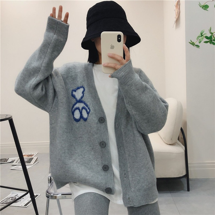 Bear Coat Sweater Female Loose Outer Wear Lazy Style V-neck Knitted Cardigan
