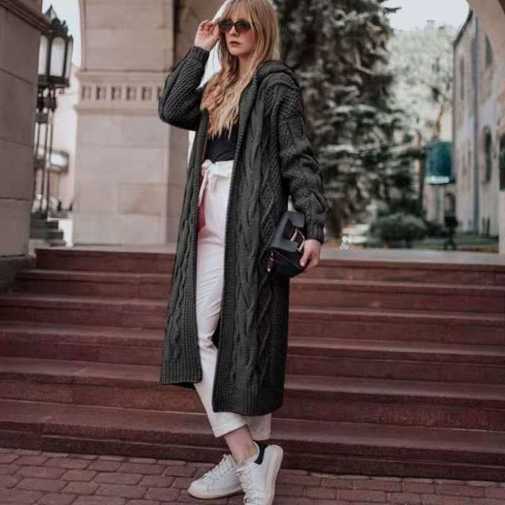Women's Solid Color Hooded Long Cardigan Sweater Cable-knit Women