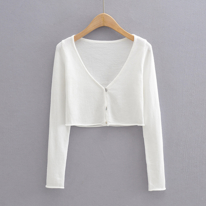 Sexy Deep V-neck Three-button Short Solid Color Midriff-baring Knitted Sweater Cardigan For Women