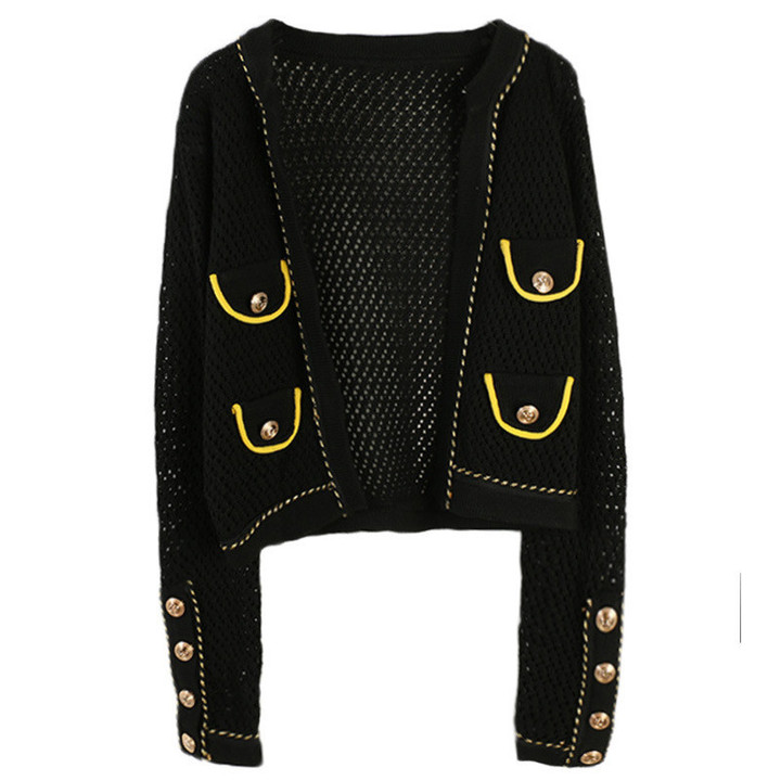 Women's Model Style Hollow Metal Buckle Decorative Long Sleeve Loose Knitted Cardigan Coat