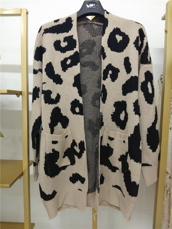 Sweater Women's Long Double Pocket Leopard Print Cardigan