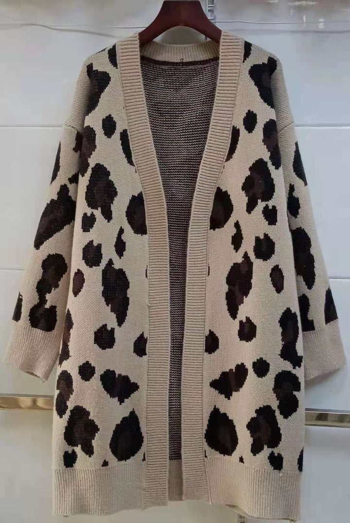 Leopard Print Long Knitted Sweater Cardigan Sleeve Women