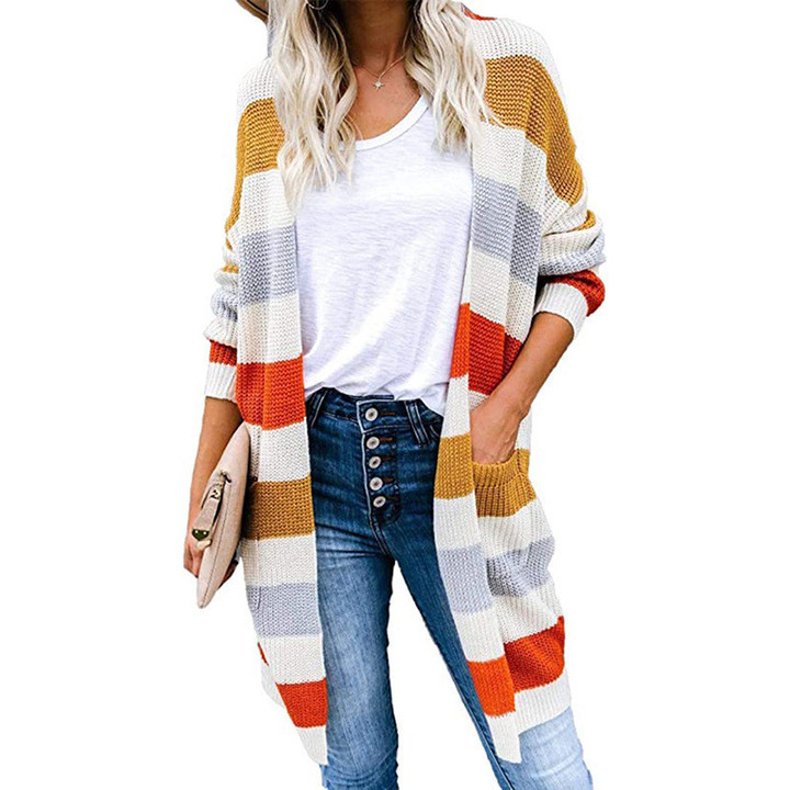 Striped Stitching Sweater Cardigan Women's Long Color Matching Pocket Knitted
