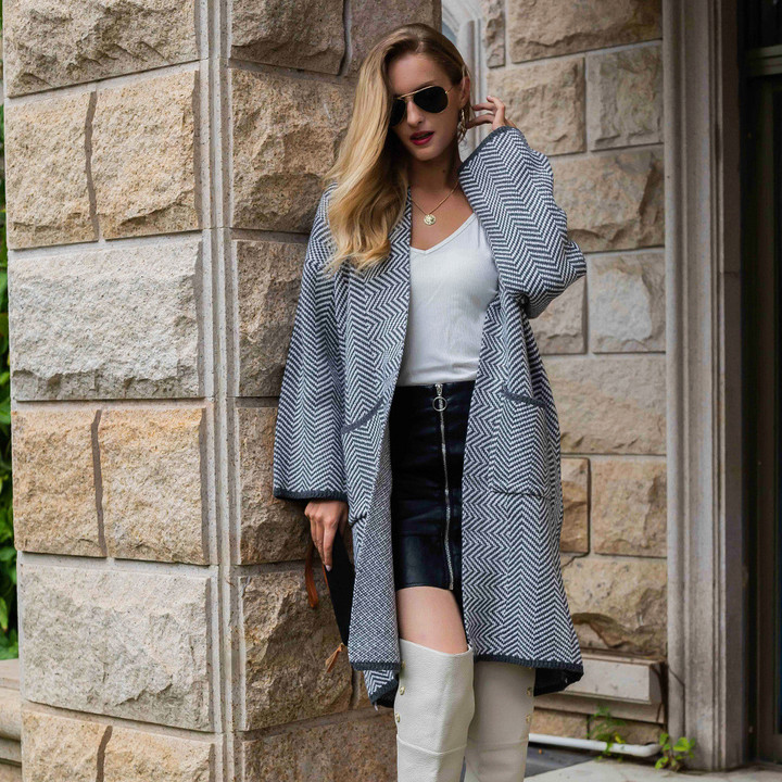 Autumn Casual Houndstooth Women's Oversized Knitted Cardigan Extended Coat