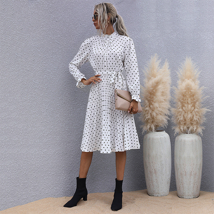 Women's Long-sleeved Pleated Midi Dress With Bow Lace-up Polka Dots Long Dresses