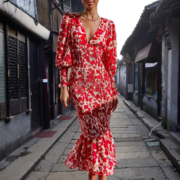 Autumn Women Clothing Temperament Commute Red Korean Style Printing Maxi Dress Long Dresses