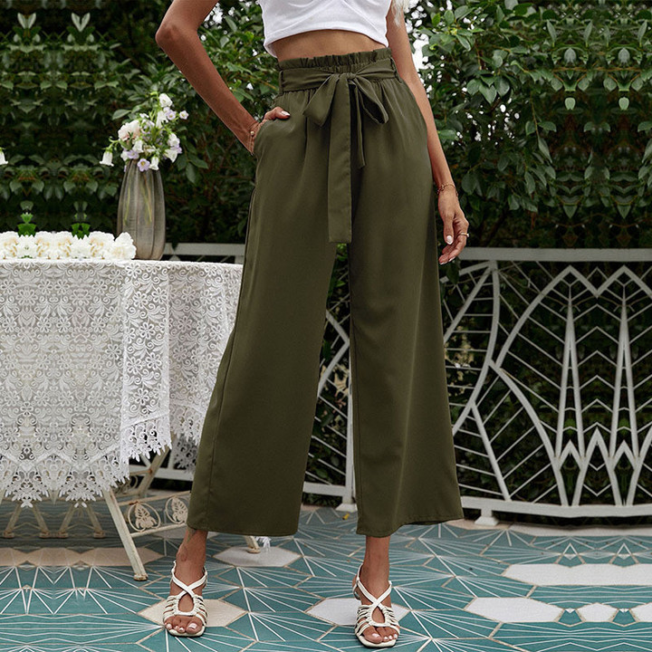 Summer High Waist Pants Cropped Casual Bud Lace-up Wide-leg For Women Bottoms