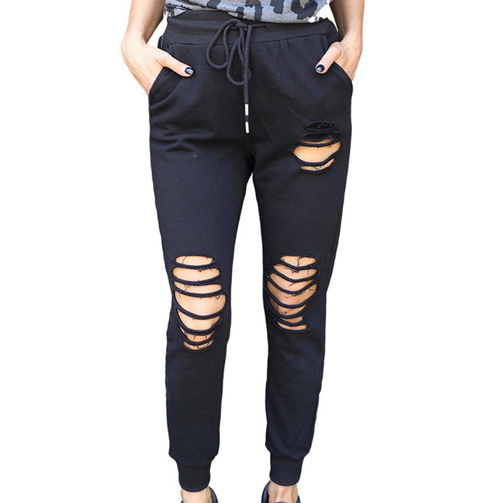 Women's Trousers Solid Color Ripped Hollow-out Drawstring Bottoming Casual Pants