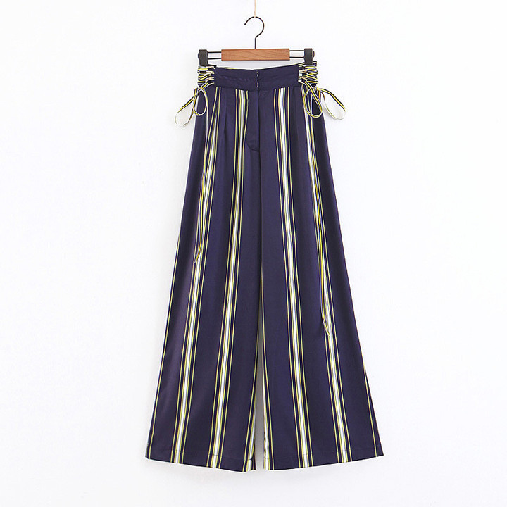 Fashion Street Shooting Summer High Waist Loose Slimming Yellow Stripe Stitching Wide Leg Trousers For Women Bottoms