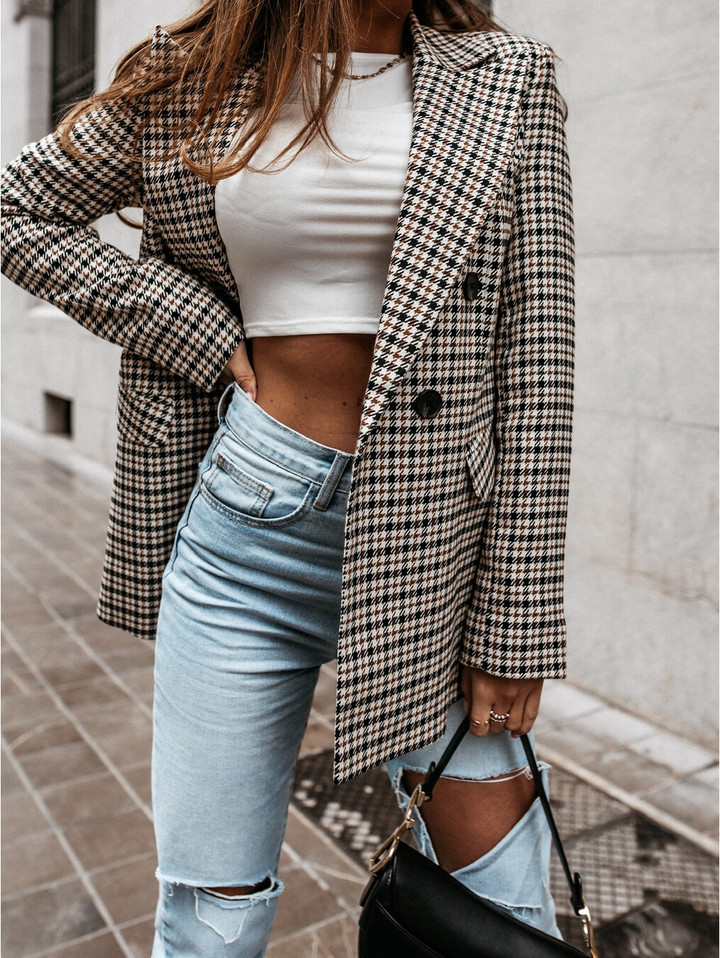 Women's Plaid Long Suit Jacket Blazers
