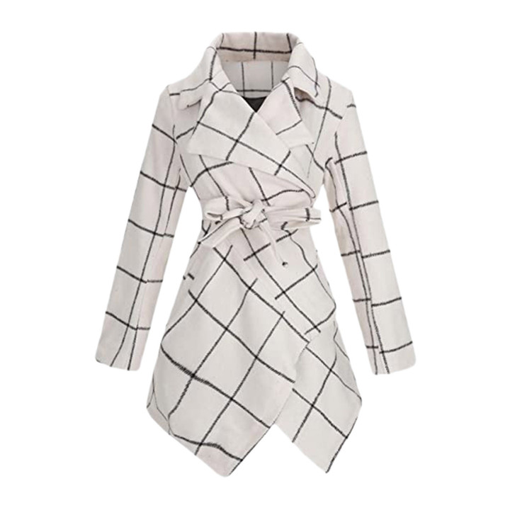 Mid-length Women's Trench Coat Lace-up Plaid Suit Collar Slim-fit Woolen Blazers