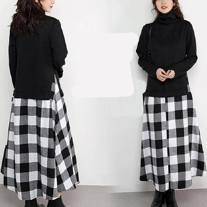 Women's Clothing Korean Style High Collar Black And White Plaid Stitching Long-sleeved Dress Casual Dresses