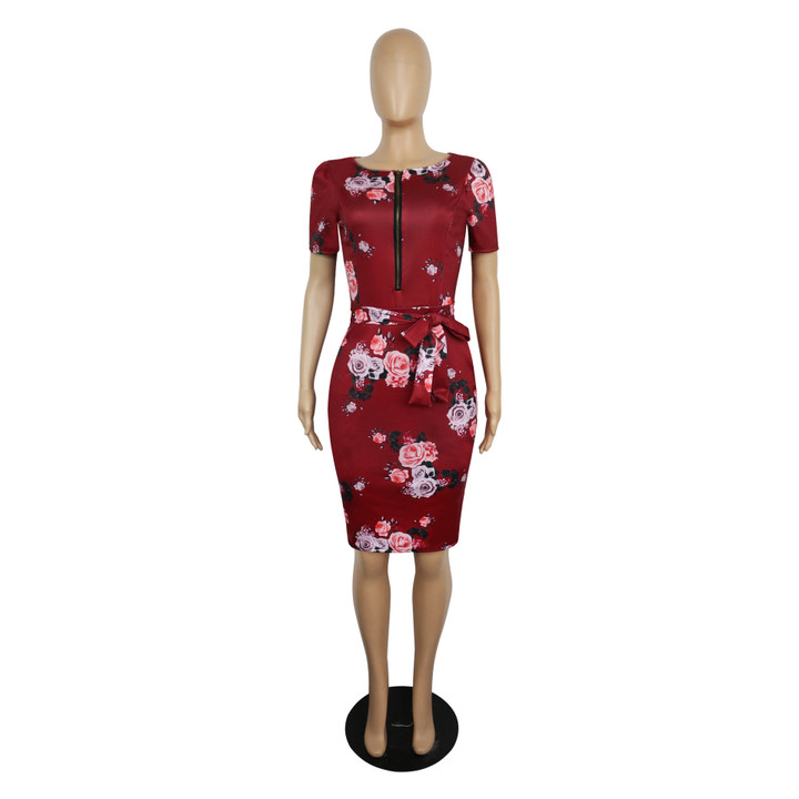 Women's Plus Size Dress Fashion Short Sleeve Zipper Business Women Digital Printing Casual Dresses