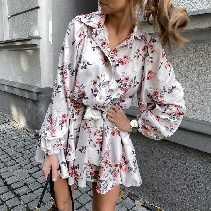 Women's Long-sleeved Lapel Casual Shirt Fashionable Printed Large Swing Dress Floral Dresses