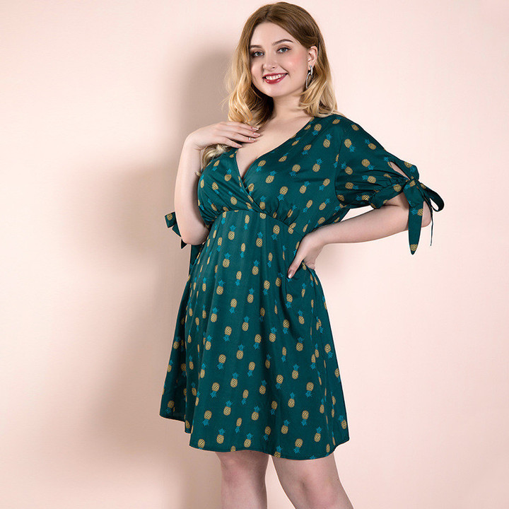 Large Size Women's Green Dress Fruit Printed Sleeve Bow Commuter Slim Fit Floral Dresses