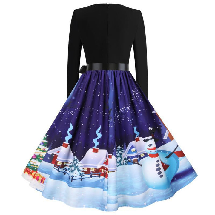 ! Christmas Outfit Printed Long-sleeved Dress With Ribbon Floral Dresses