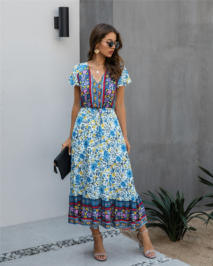 Summer Fashion Printed V-neck Short Sleeve Lace-up Long Women's Dress Floral Dresses