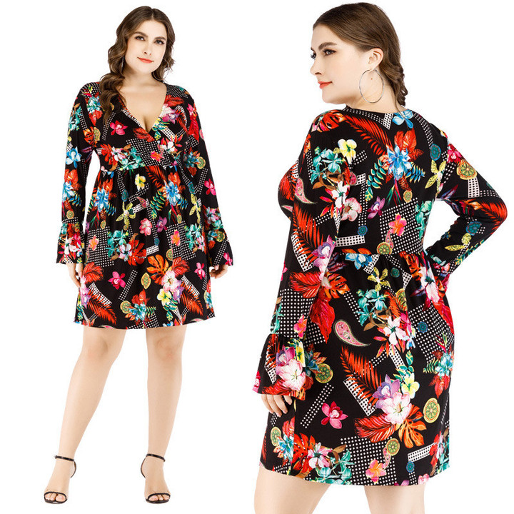 Plus Size Women's Dress V-neck Flared Sleeves Printed Hot Skirt Floral Dresses