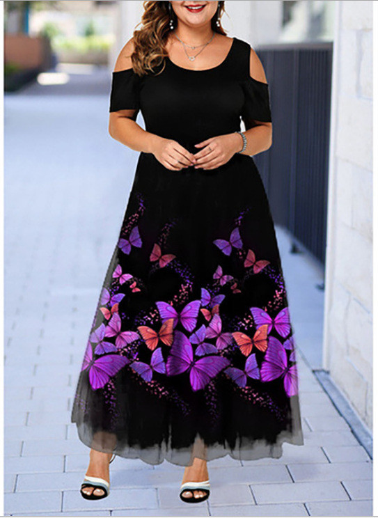 Short Sleeve Off-the-shoulder Plus Size Purple Printed Dresses Women's Clothing Floral Dresses