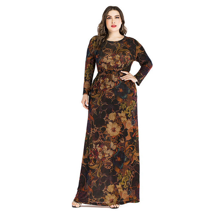 Large Size Women's Dress Long Sleeve Printed Arabic Swing Floral Dresses