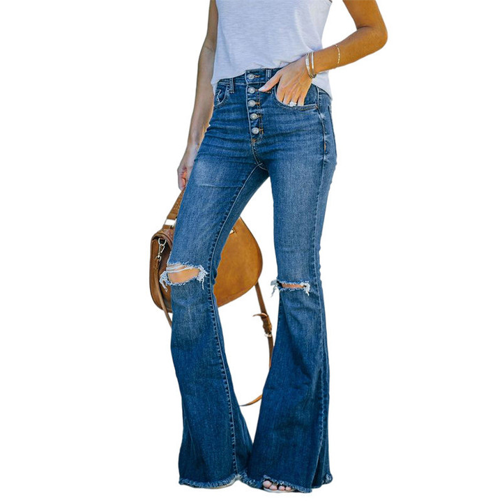 Women's Clothing Is Easy To Match Slimming Holes Breasted Denim Skinny Mop Trousers Street Fashion Jeans