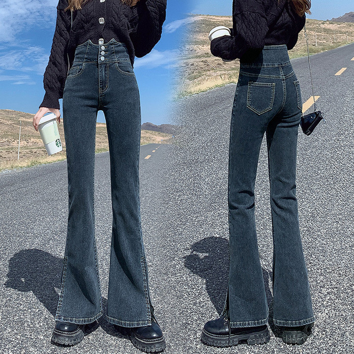 Autumn Bell-bottom Pants Women's Casual High Waist Breasted Stretch Trousers Split Jeans