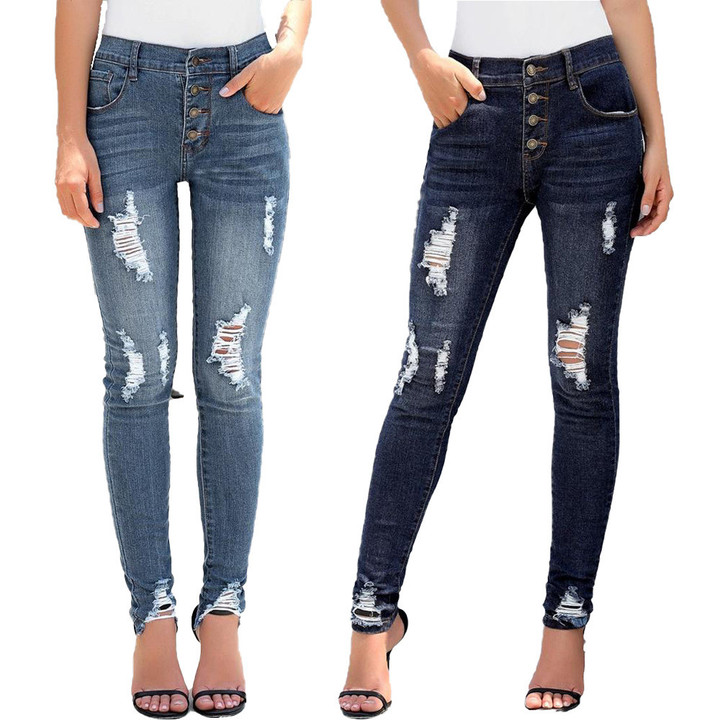 Special Quality Customized Elastic Ripped High Waist Breasted Skinny Jeans