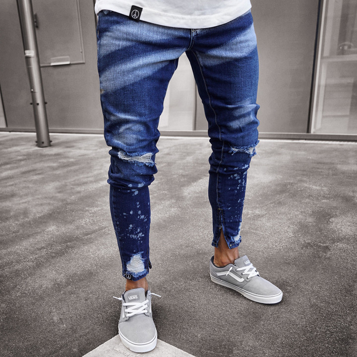 Fashion Holes Skinny Pants Paint Point Zipper Leg Slim Fit Jeans Goods