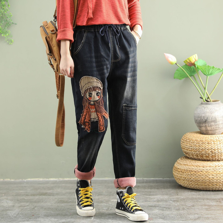 Embroidery Veet Jeans Loose Female Autumn Washed Cartoon Girl Straight Harem Pants