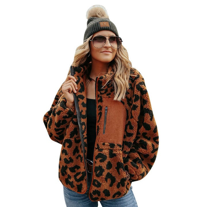 Women's Clothing Leopard Splicing Loose Casual Thick Woolen Coat