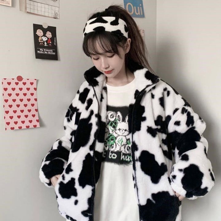 Winter Style Soft Girl Cute Cows Pattern Cardigan Zipper Coat Female Plush Student Thickened Cotton