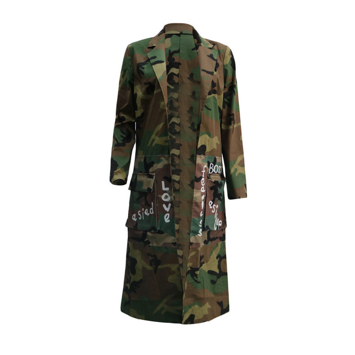 Women's Long Fashion Casual Camouflage Printed Patch Coat