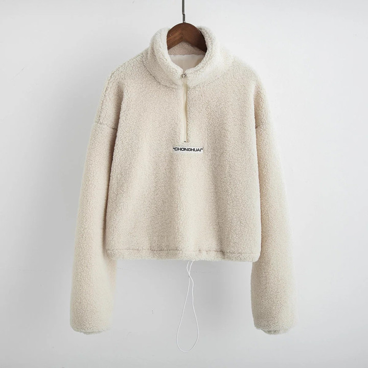 Sweater Women's Teddy Lamb Wool Stand Collar Half Zip Drawstring Drop Shoulder Short Coat