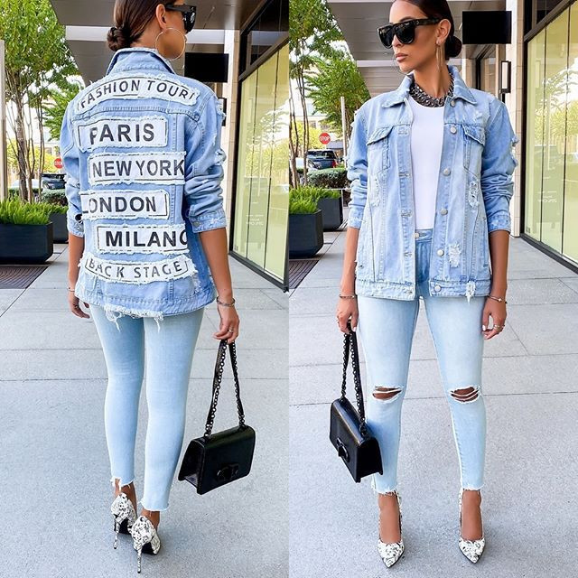 Women's Embroidered Denim Jacket With Letters Fashionable Washed Slim-fit Ripped Coats