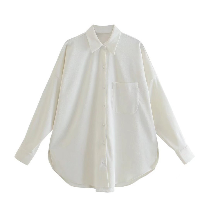 Women 's Winter Urban Casual Single-mouth Pocket Decoration Fine Corduroy Shirt Top Blouses