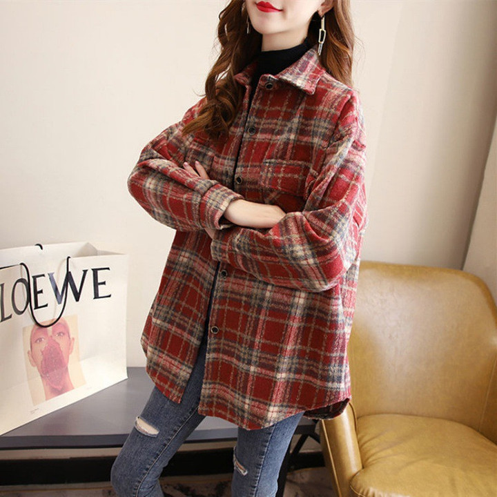 Plaid Shirt Women's Loose Autumn Korean Style Fashion All-match Long Sleeve Brushed Vintage Outer Blouses