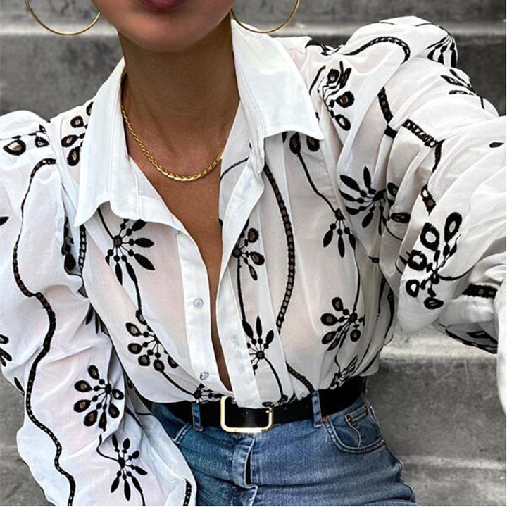 Embroidered Niche Design Shirt Women's Autumn Lapel French Top Blouses