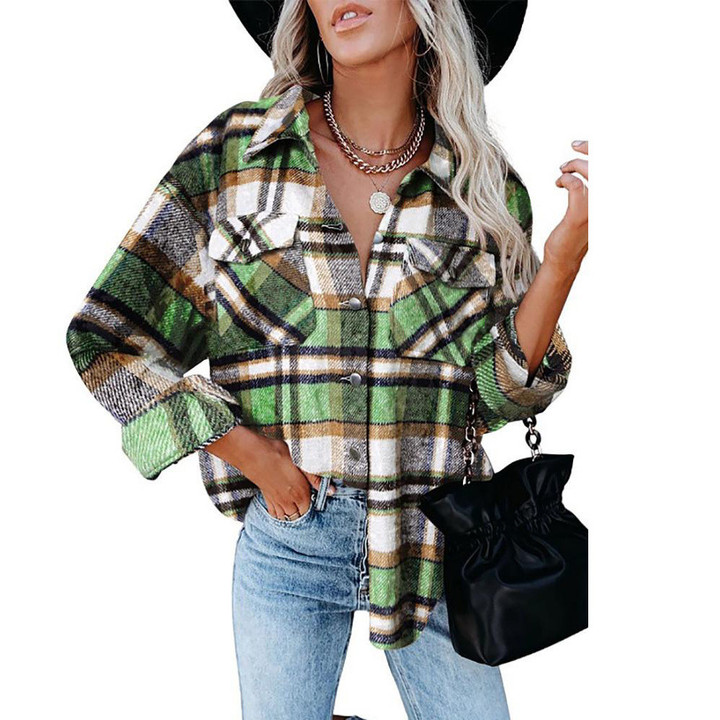 Autumn Street Temperament Long Sleeve Lapel Loose Women's Plaid Shirt Mid-length Coat Blouses