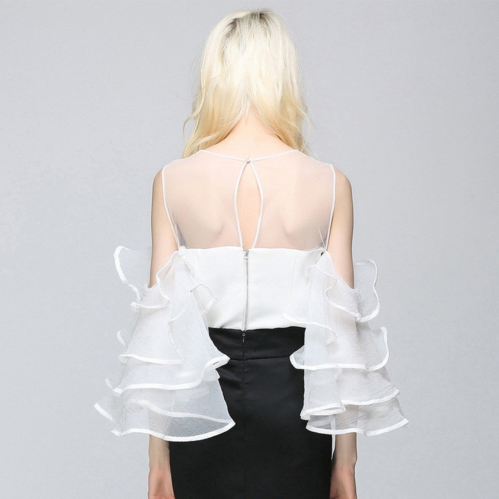 Summer Sexy See-through Off-the-shoulder Top Women's Backless Bell Sleeve Straight Short Shirt Women Blouses
