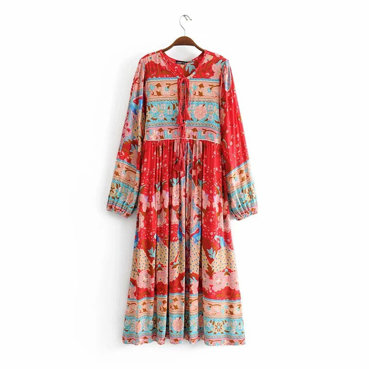 Women's Bohemian Long Sleeve Tassel Large Swing Positioning Print Dress