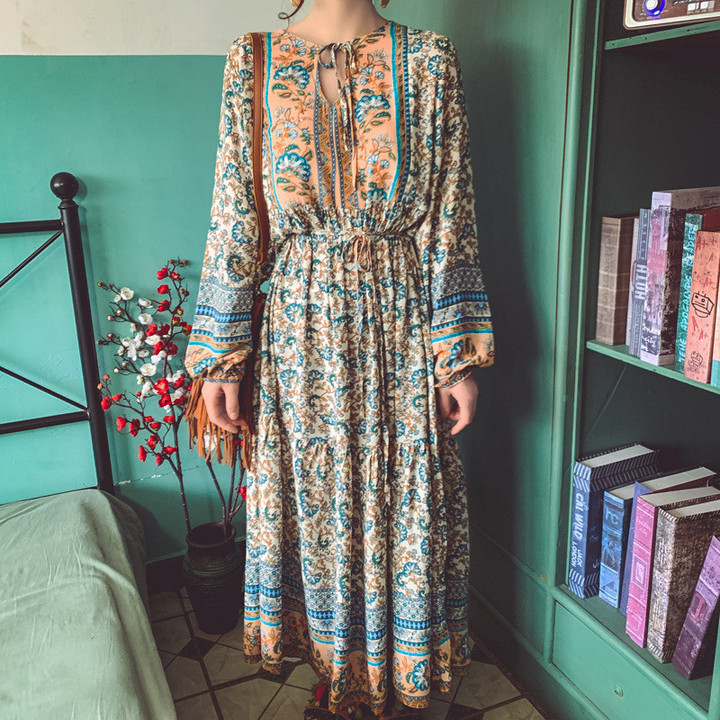 Moroccan Bohemian Long Sleeve Printed High Waist Loose Lace-up Dress Vacation For Women