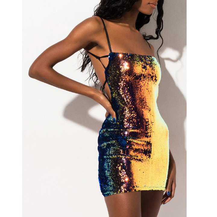 Sequined Sexy Backless Slim Fit Strap Short Dress