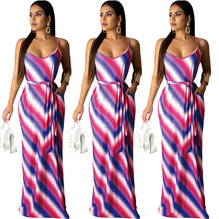 Women's Casual Striped Printing Slip Dress With Belt
