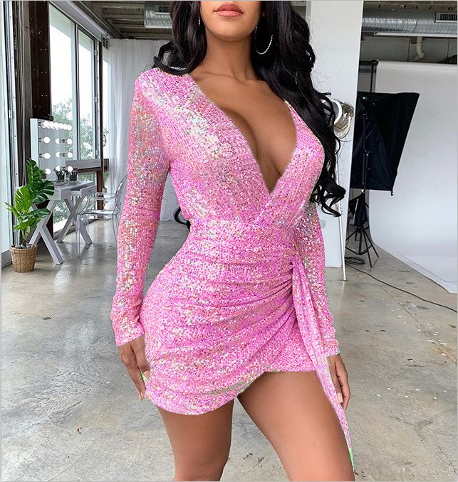 Sexy Women Clothing Sequined Long Sleeve Deep V-neck Dress