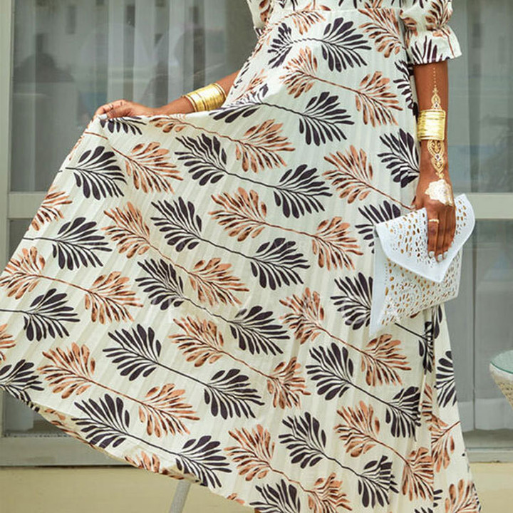 Summer Women's V-neck Printed Folding Vacation Dress Large Swing