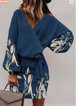 Printed Long Sleeve Batwing Tight Over-the-knee Dress