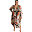 Fashionable Printed Pleated Satin Deep V Sexy Dress With Belt Large Size Women's Clothing