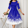 Round Neck Off-the-shoulder Contrast Color High Waist Swing Dress Christmas Snowflake Element Women 's Style