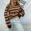 Brown Knitted Striped Crew Neck Street Hipster Pullover Sweater Top